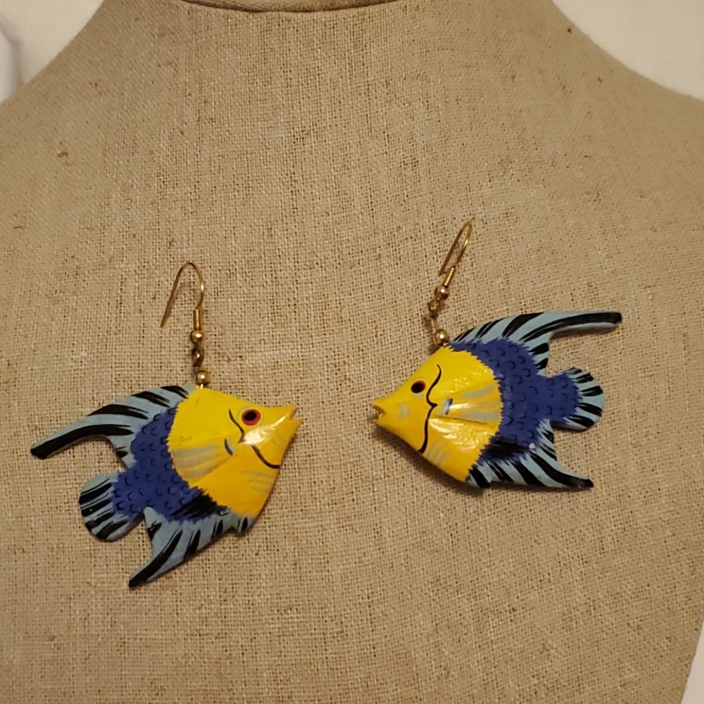 Fish Earrings Wooden Carved & Painted